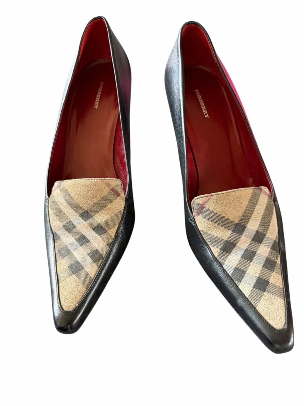 Burberry Black Leather Pointed Flats with Beige Nova Check - Size 8.5 / 39